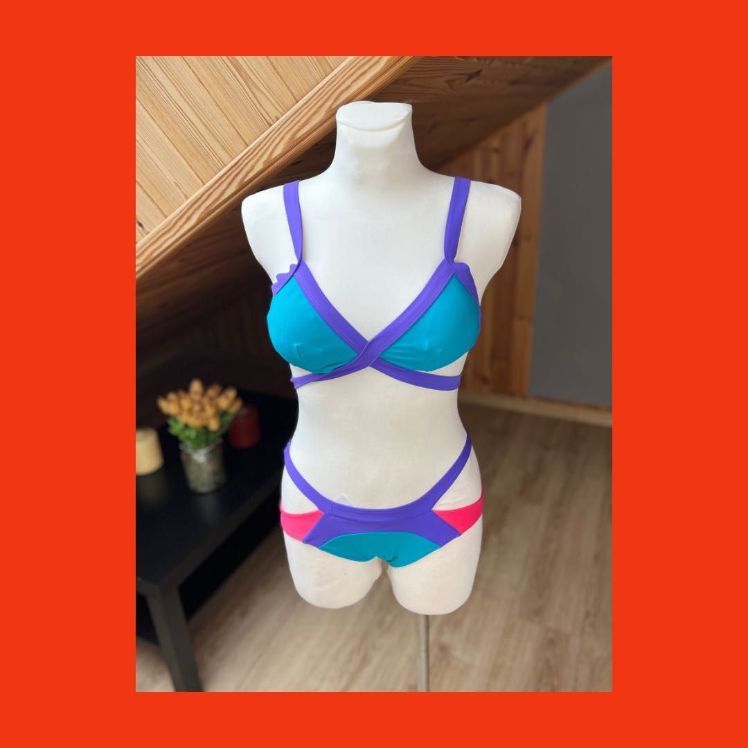 strój kąpielowy bikini dwuczęściowy kolorowy paski niebieski S 36