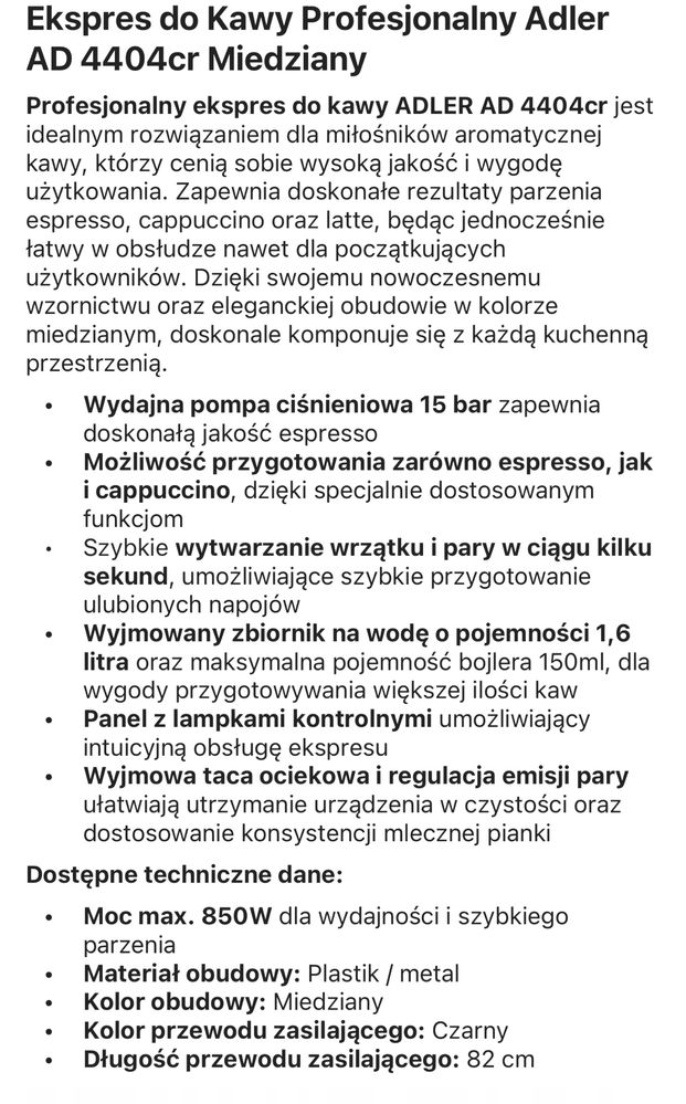 Ekspres cisnieniowy do kawy Adler