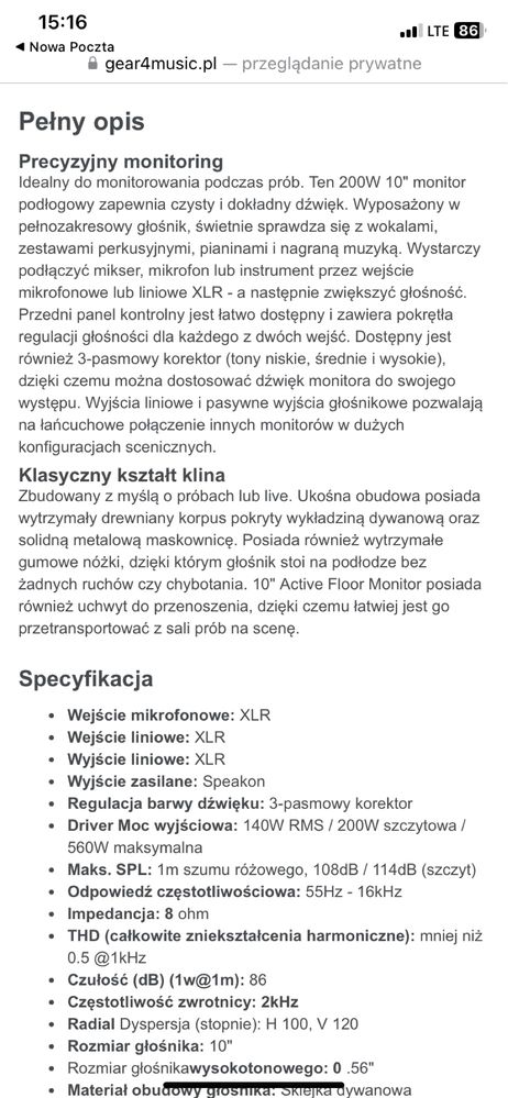 Monitor podłogowy odsłuch Sub Zero