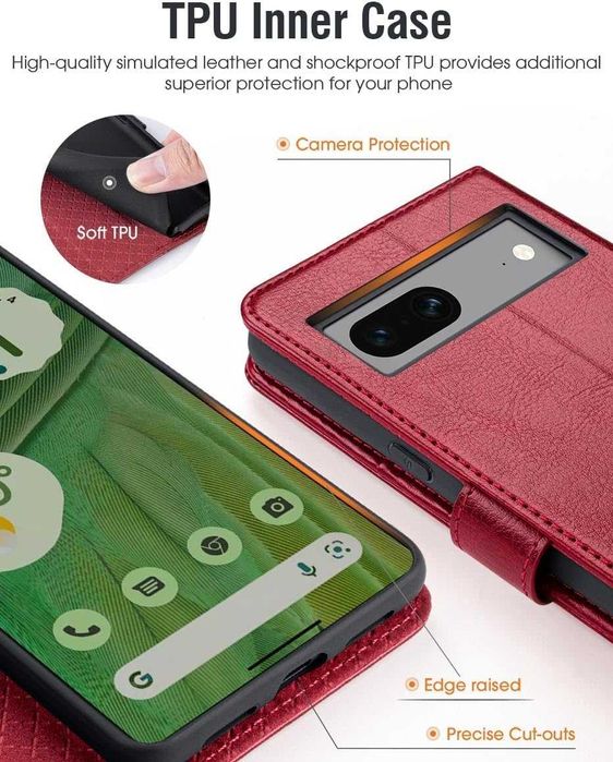 OCASE skórzane etui do Google Pixel 8 z klapką portfel RFID czerwone