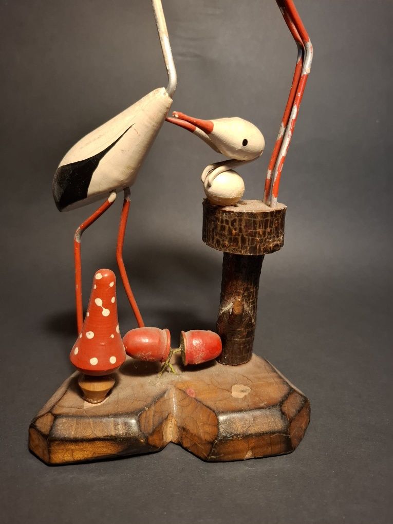 Figurka bociany drewno metal cepelia prl