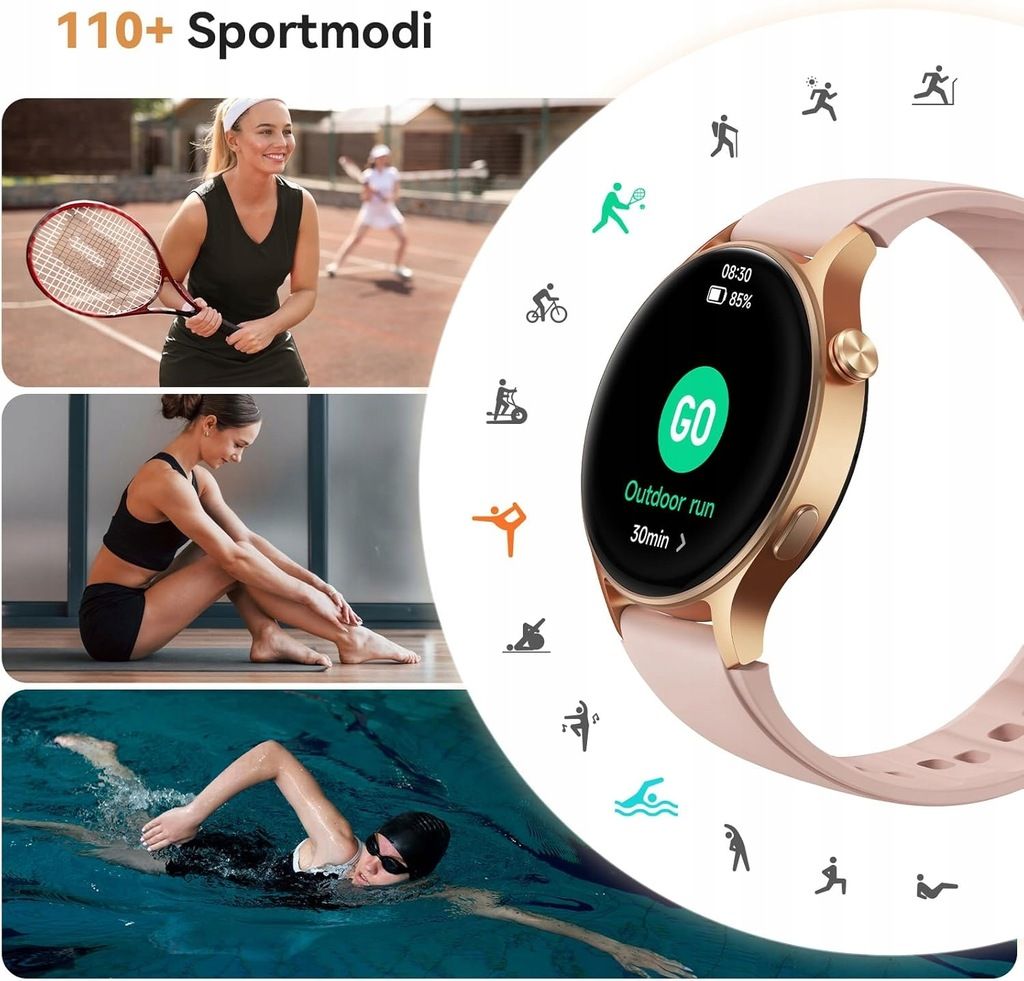 Smartwatch damski okrągły, różowy, AMOLED 1,32", Rozmowy, AEAC