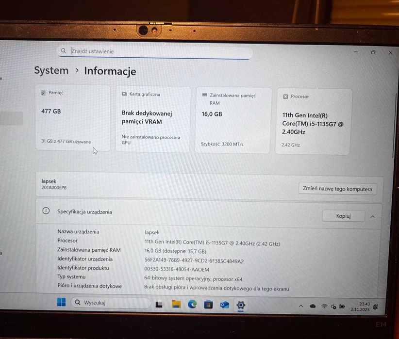 Lenovo ThinkPad T14 Gen 2 i5-1135G7/16GB/512GB. super stan