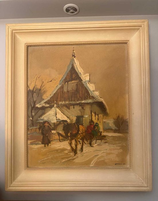 Łazorek – olej na płótnie „Zimowa scena z saniami” 1974 r., sygnowany