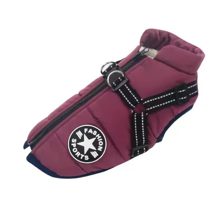 Kurtka dla psa z szelkami purpurowa rozmiar M Dł.grzbietu 26cm