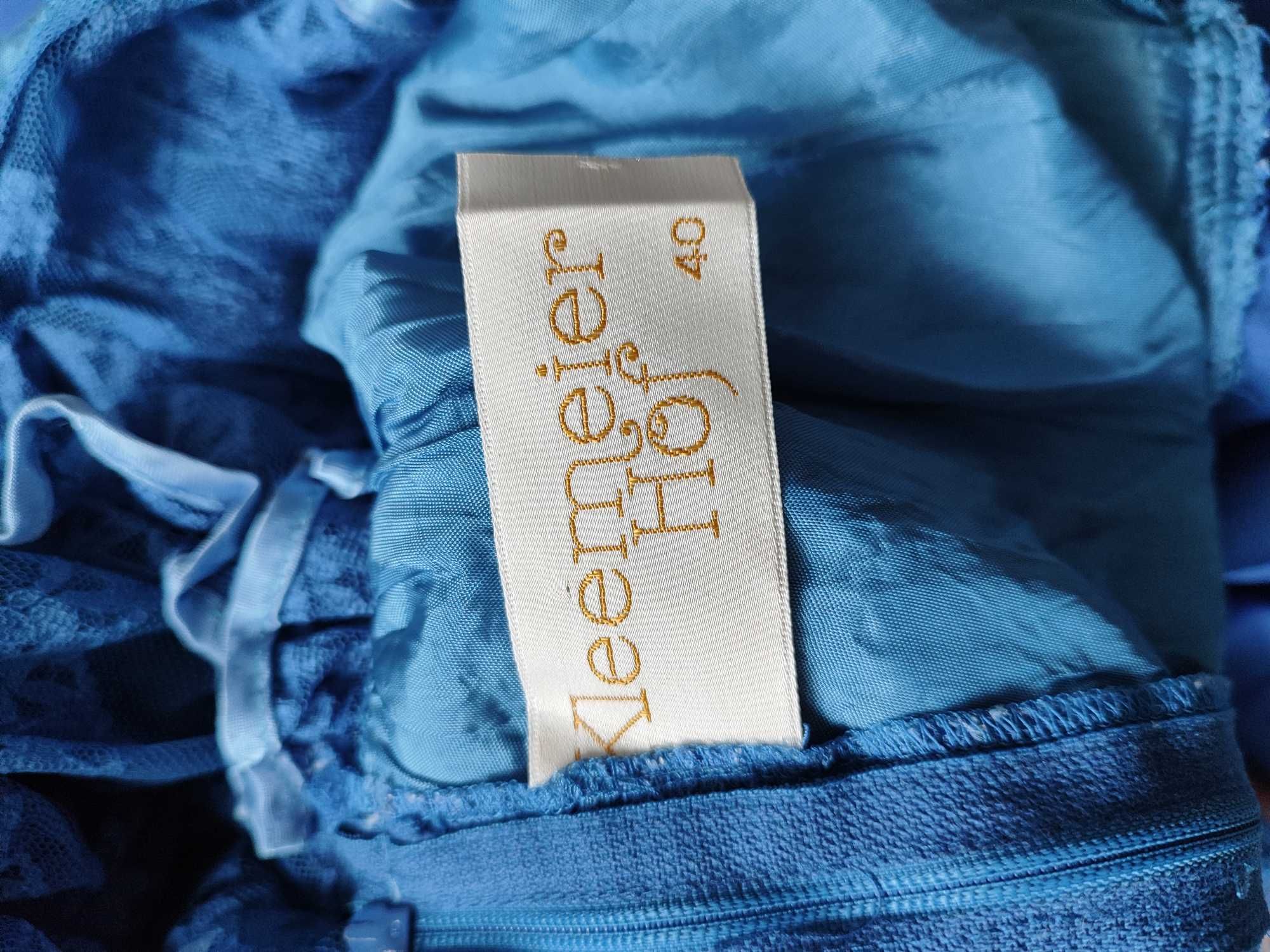 Kleemeier długa suknia kobaltowa chabrowa koronka boho r. 40 +gratis