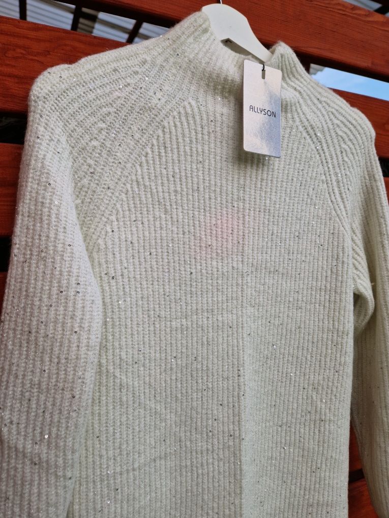 Sweter wełniany damski tunika ze srebrna nitka s/m
