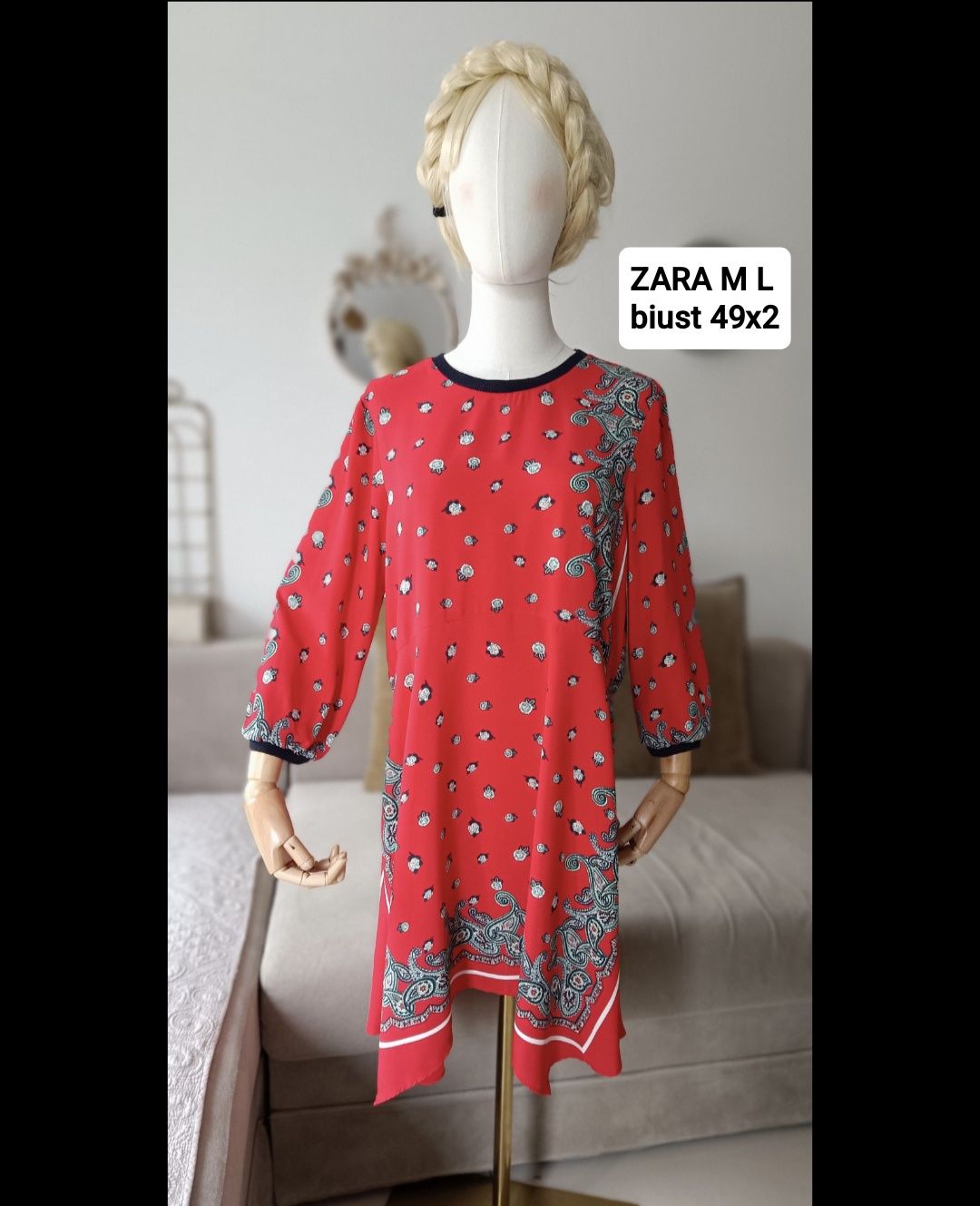 Sukienka Zara wzór palisey biust 49x2 M L red asymetryczna babydollydo