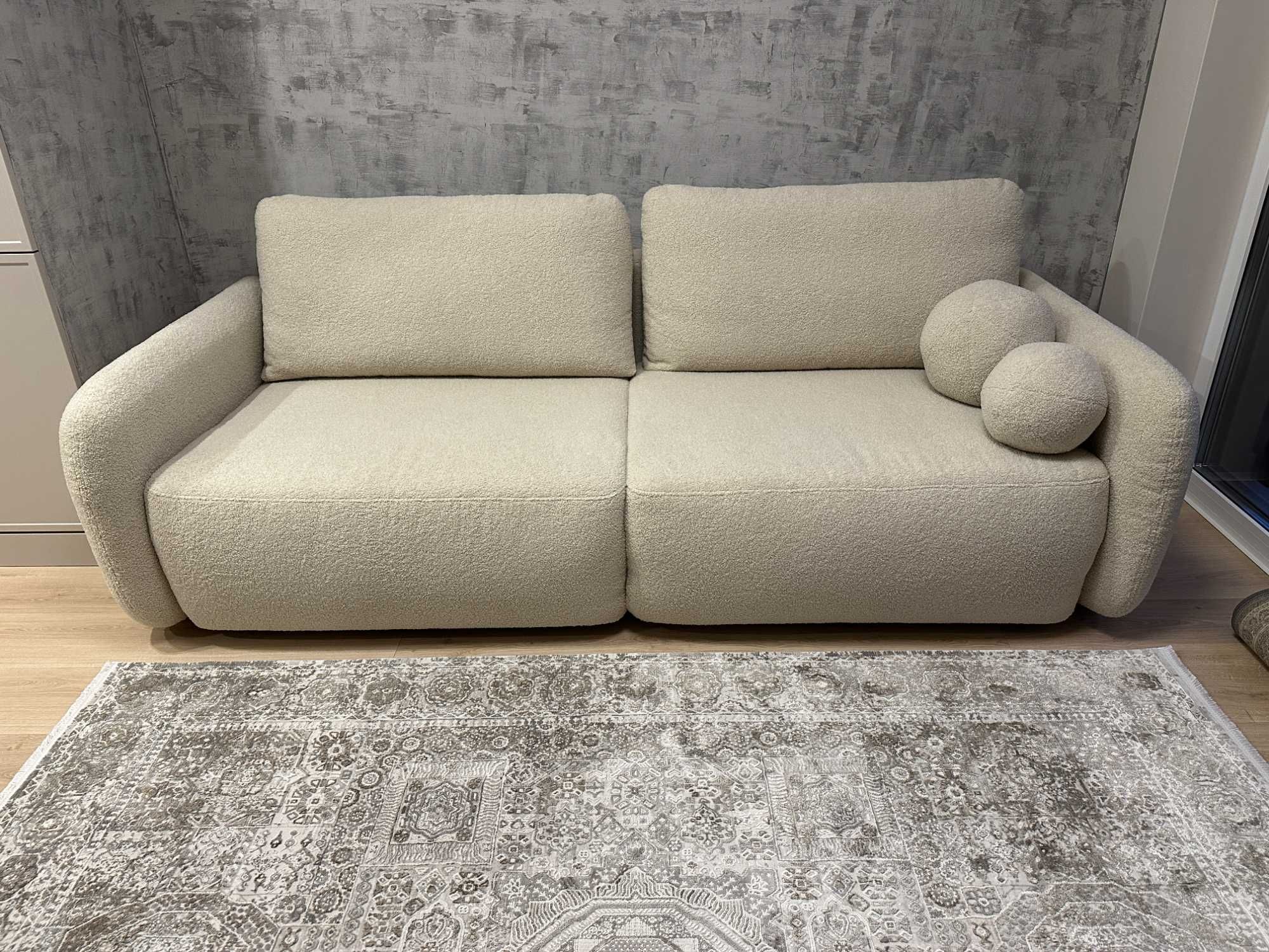 Sofa Botse, rozkładana, jasnobeżowa z pojemnikiem, boucle, Lectus