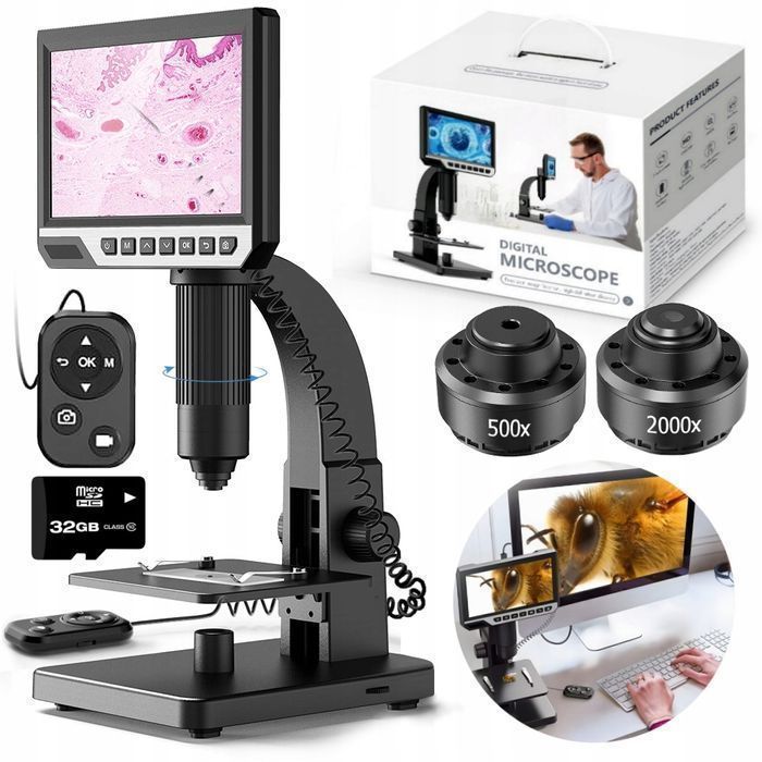 Mikroskop Cyfrowy Profesjonalny 2000X 12MP 11LED Ekran HD 7" 32GB SD