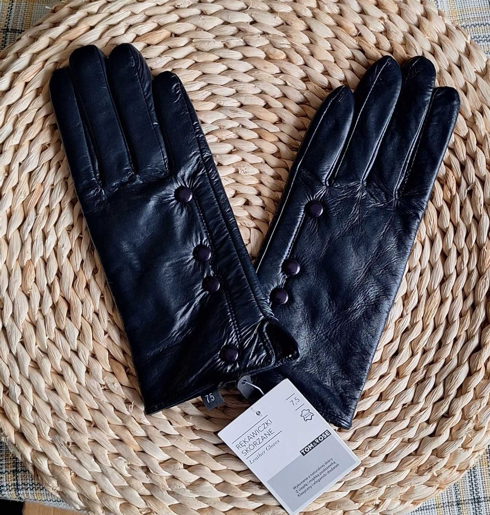 Nowe czarne skórzane rękawiczki Tom & Rose rozmiar 7.5 na prezent