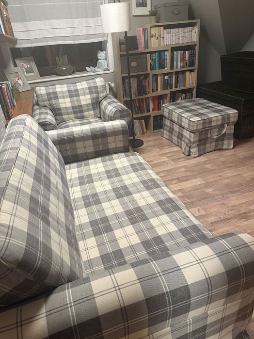 Zestaw Ektorp kanapa rozkładana+ fotel+ podnóżek + pokrowce Dekoria.pl