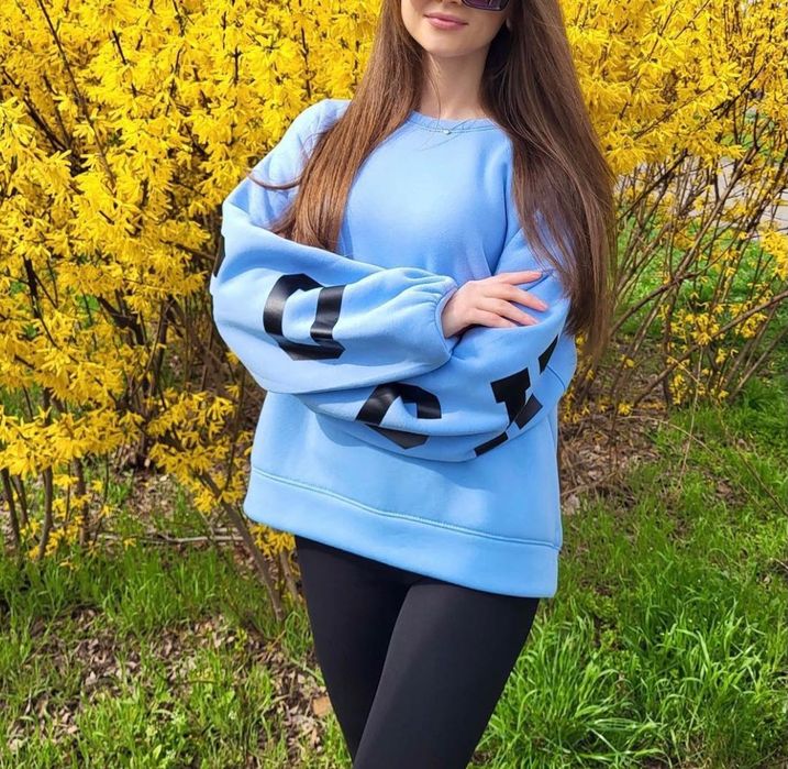 Блакитний теплий світшот з написом – худі жіноче XS-S