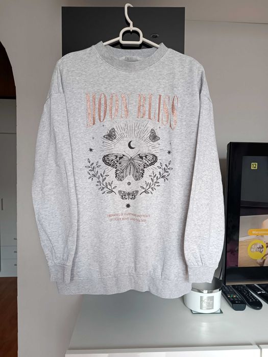 Siwa bluza H&M złoty brokatowy i czarny nadruk moon bliss