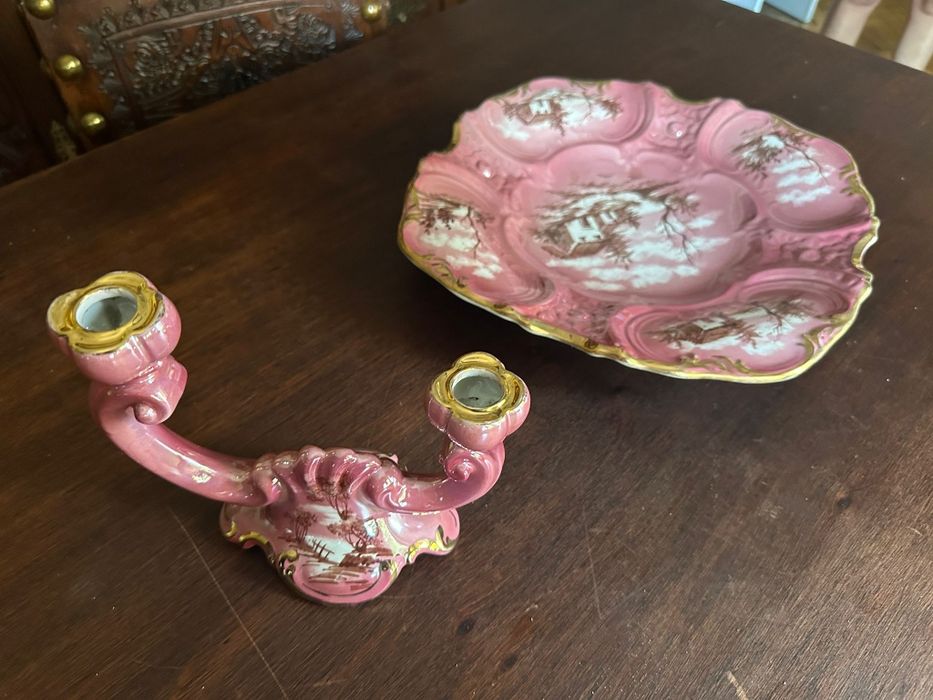 Louça alcobaça, conjunto vintage, prato e candelabro