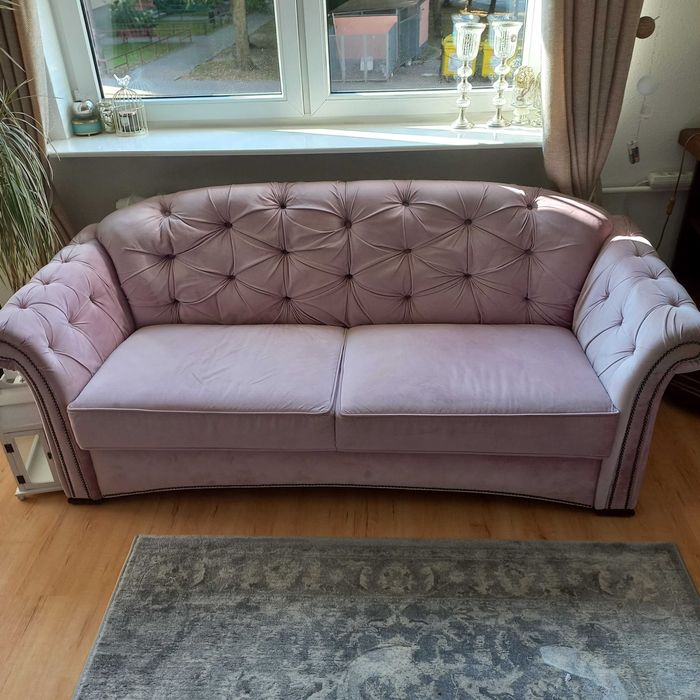 Przepiękna nowoczesna kanapa chesterfield, sofa 3 osobowa, pudrowy róż