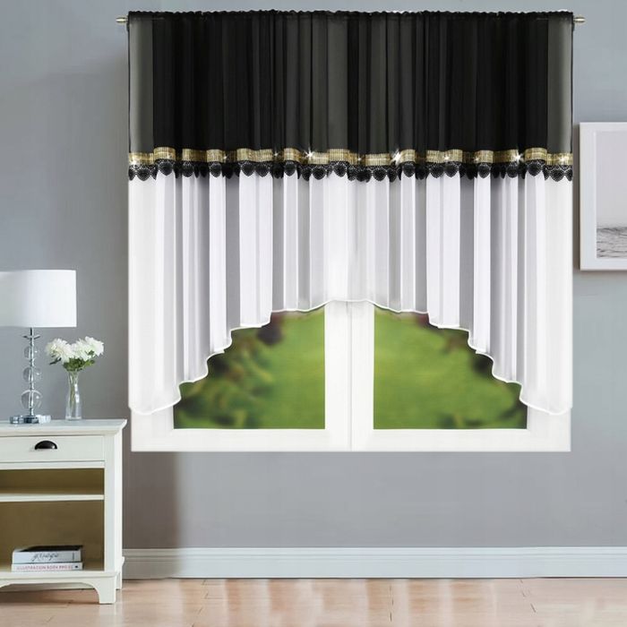 Firana Gotowa Z Woalu I Czarnej Gipiury Złote Cyrkonie 400X150 Biała