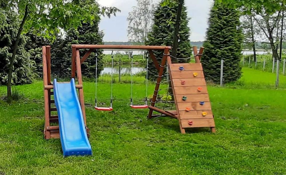 Drewniany Plac Zabaw do Ogrodu SMERF WYSOKA Ścianka 2Huśtawki Ślizg
