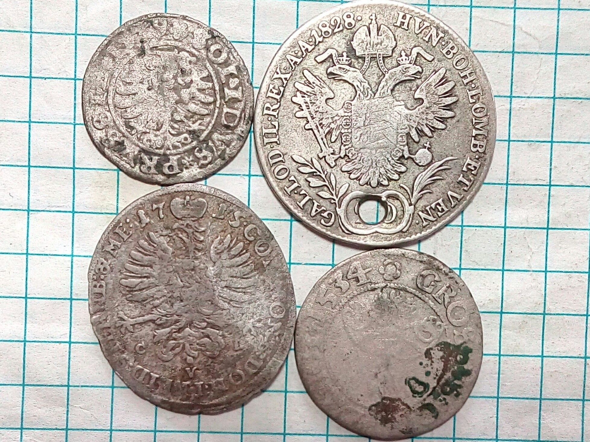 Грош 1531-34 рр. Сигізмунда І, 6 крейцерів 1715 р., 6 грош 1681 р.