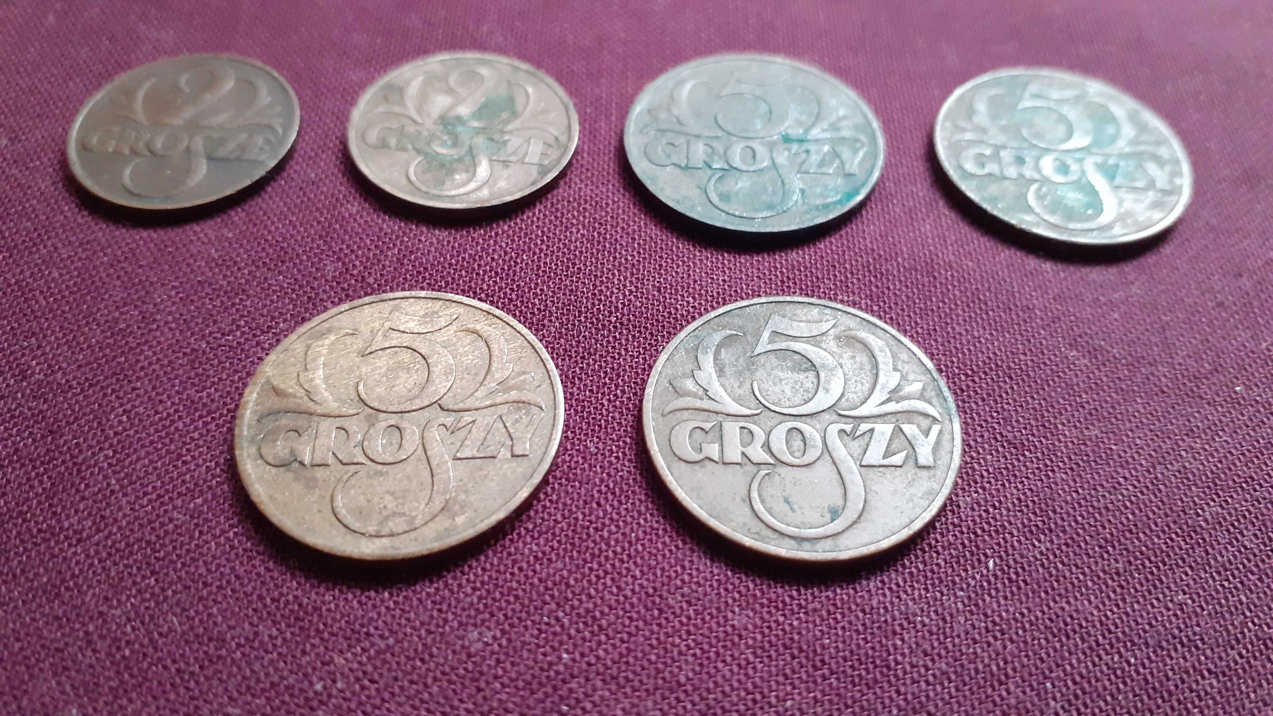 Monety 2gr i 5gr przedwojenne 6 sztuk