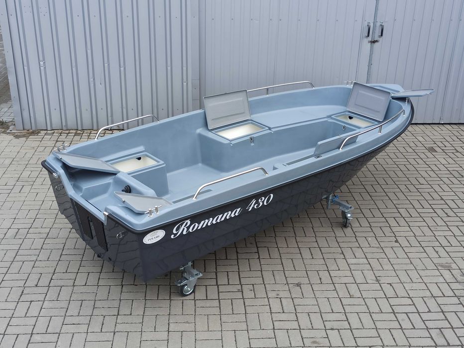 Łódka motorówka Romana 430 z relingami, pod silnik dziobowy, producent