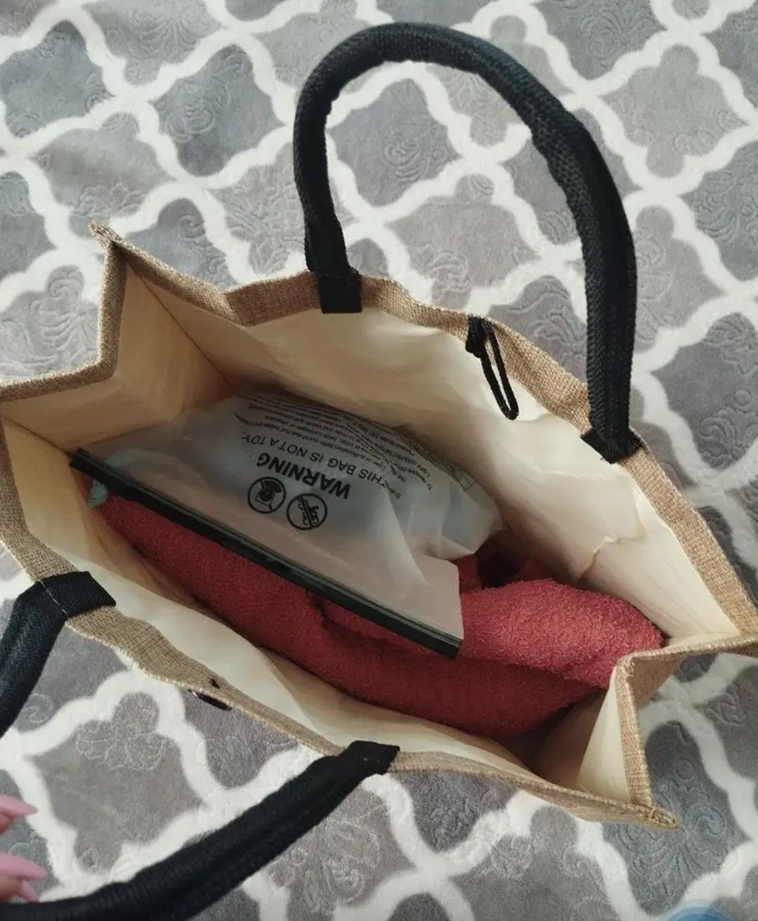Nowa Ala jutowa torba torebka z napisem świetna beżowa czarne rączki