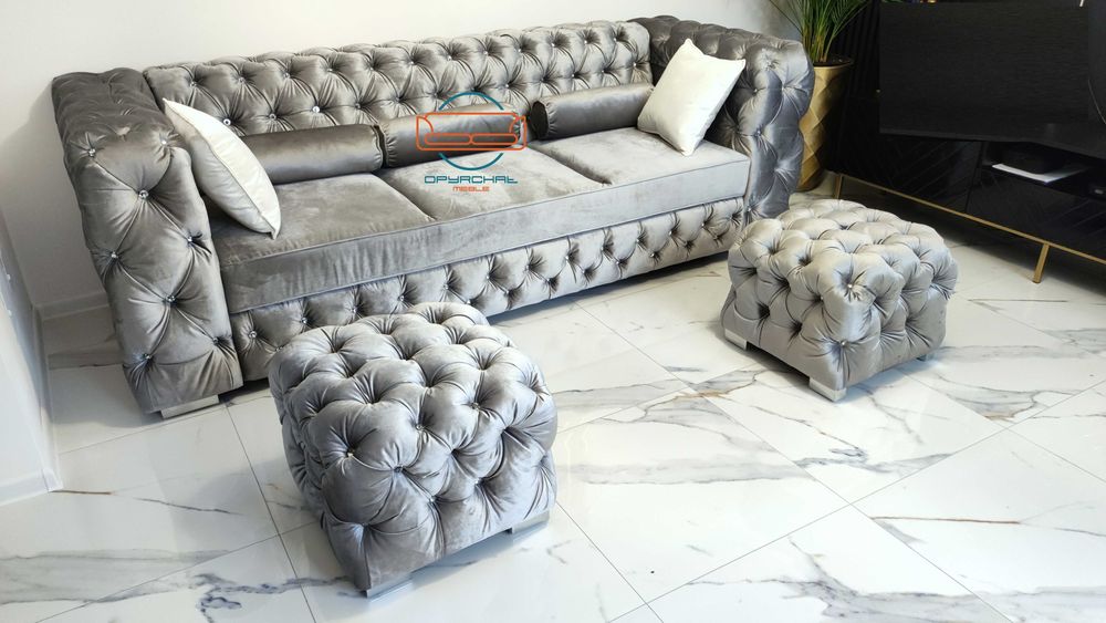Piękny zestaw cheesterfield sofa + 2x pufa funkcja spania NR 4/2023