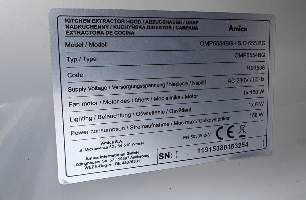 Nowoczesny okap do zabudowy AMICA OMP6554BG