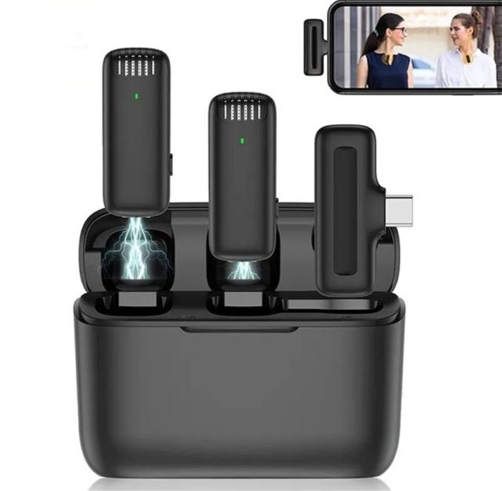 Microfone sem fio com estojo de carregamento
