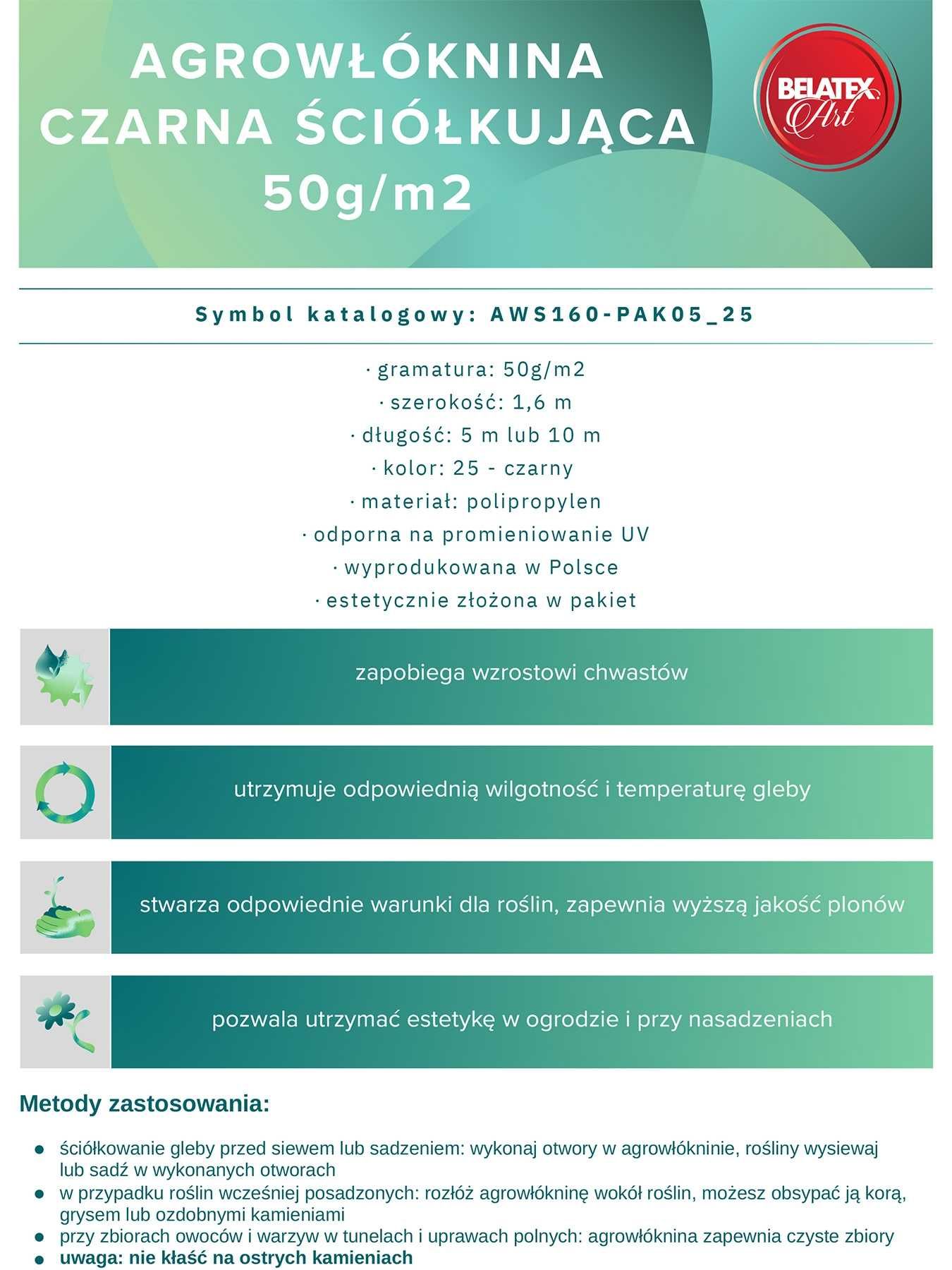 Agrowłóknina czarna ściółkująca 1,6m/10m - 50g/m2 CZARNA