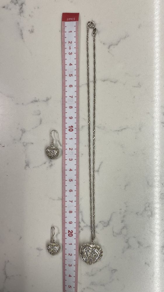 Комплект серебро 925°, цепочка+кулон+серьги в виде ажурных сердец