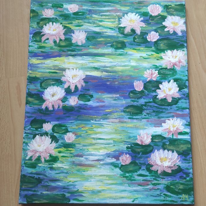 Obraz na płótnie 40 x 50cm, ręcznie malowany lilje wodne, kwiaty ma wo