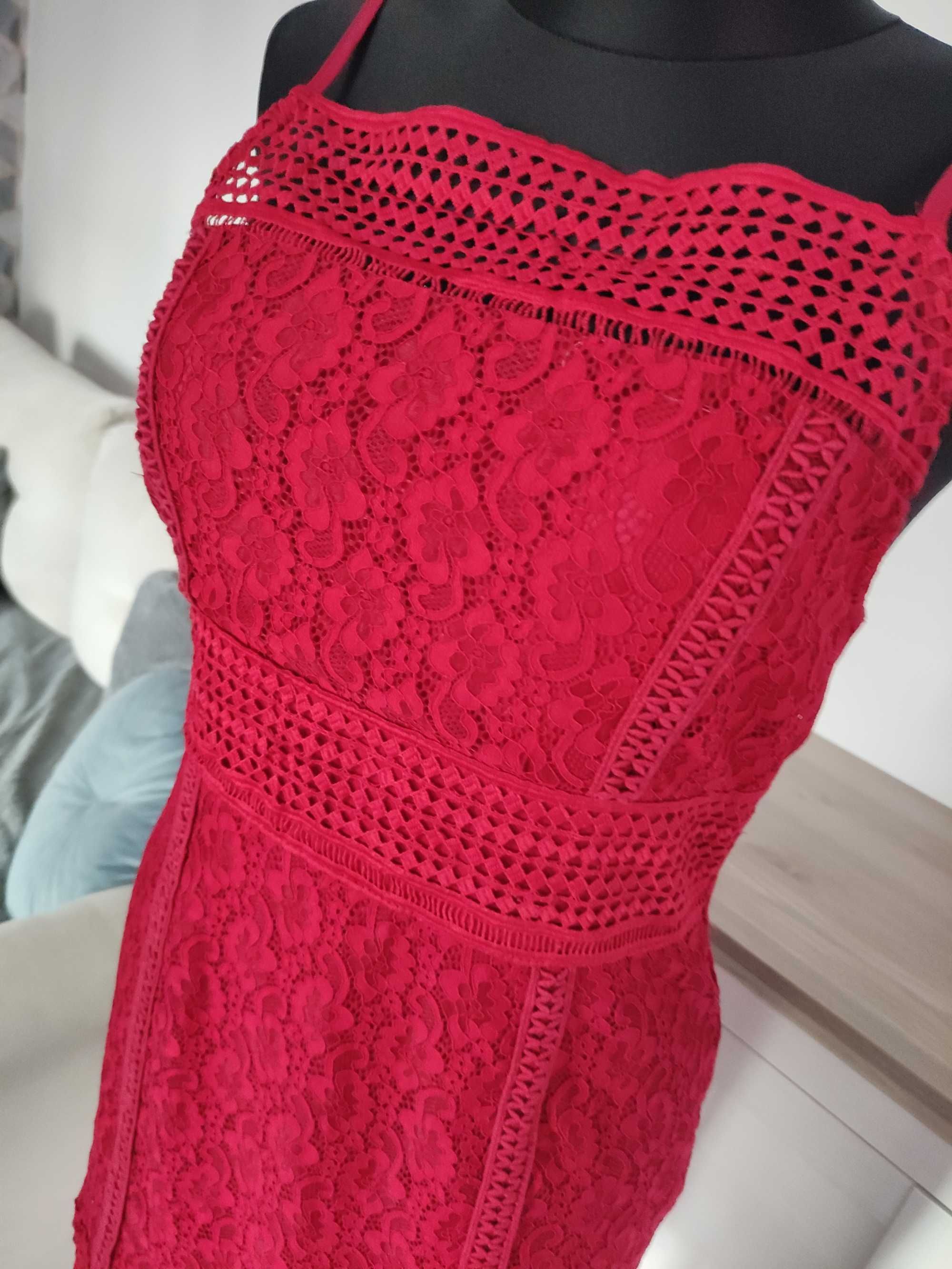 sukienka bordowa czerwona koronkowa Missguided  prosta koktajlowa M 36