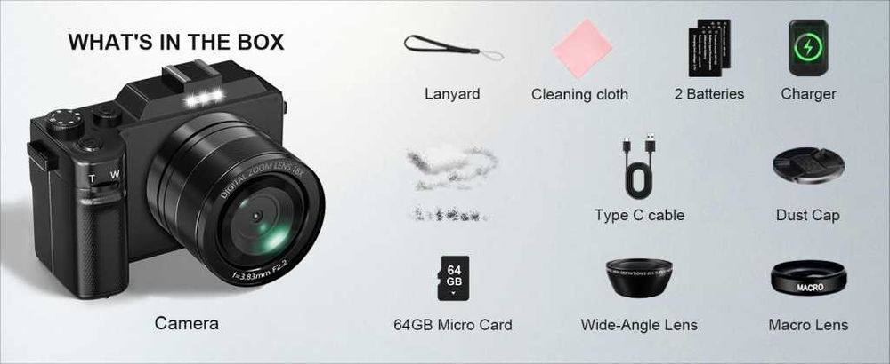 Aparat cyfrowy, 5K 64 MP, z Wi-Fi, karta 64 GB+DWA OBIEKTYWY WYMIENNE