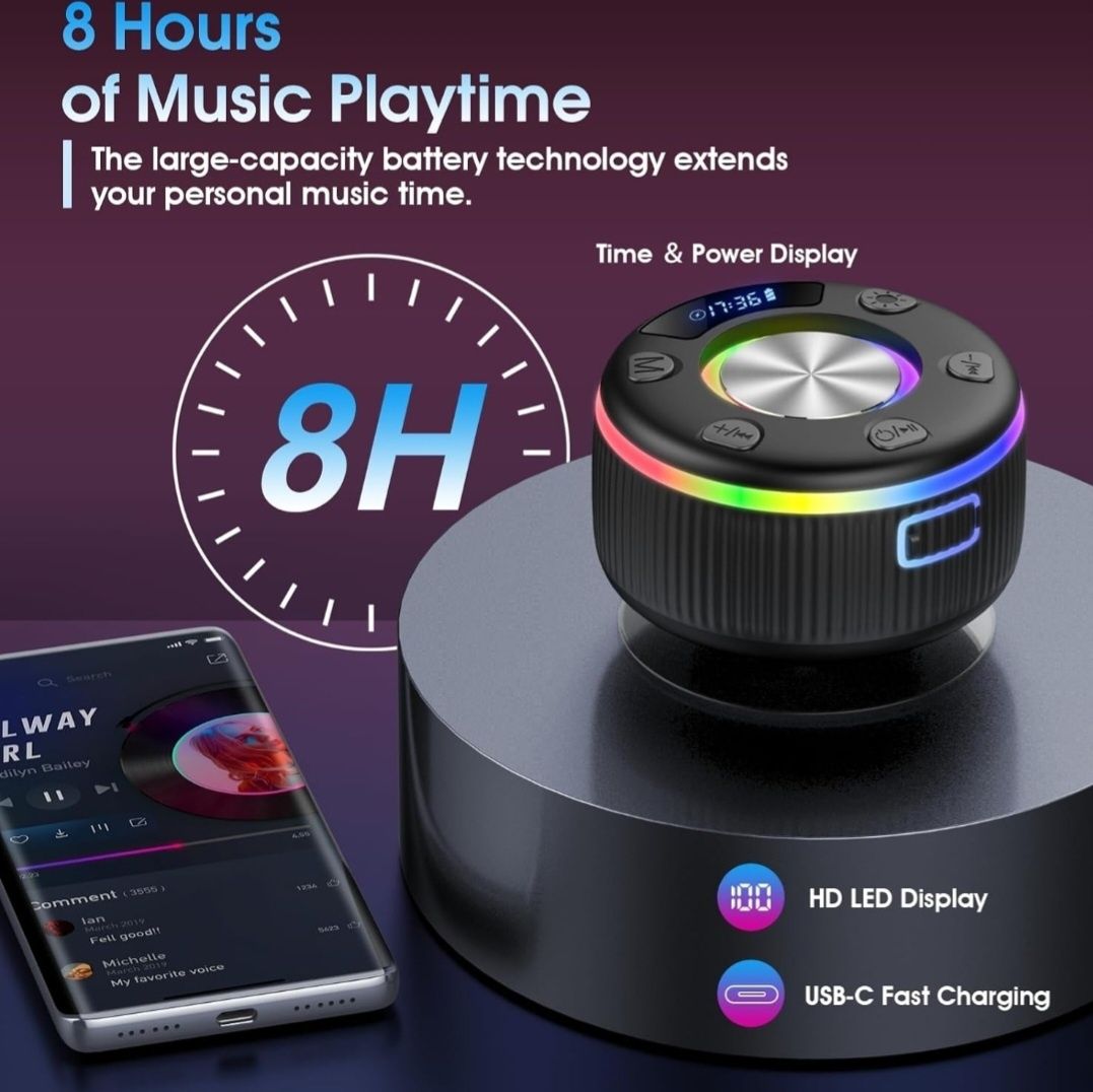 Głośnik Prysznicowy Bluetooth IPX7, LED, FM, Mikrofon,muzyka Bass