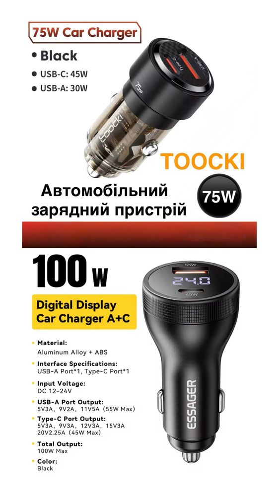 Essager 30w Швидка автомобільна зарядка в прикурювач 50w 80w 100w 120w