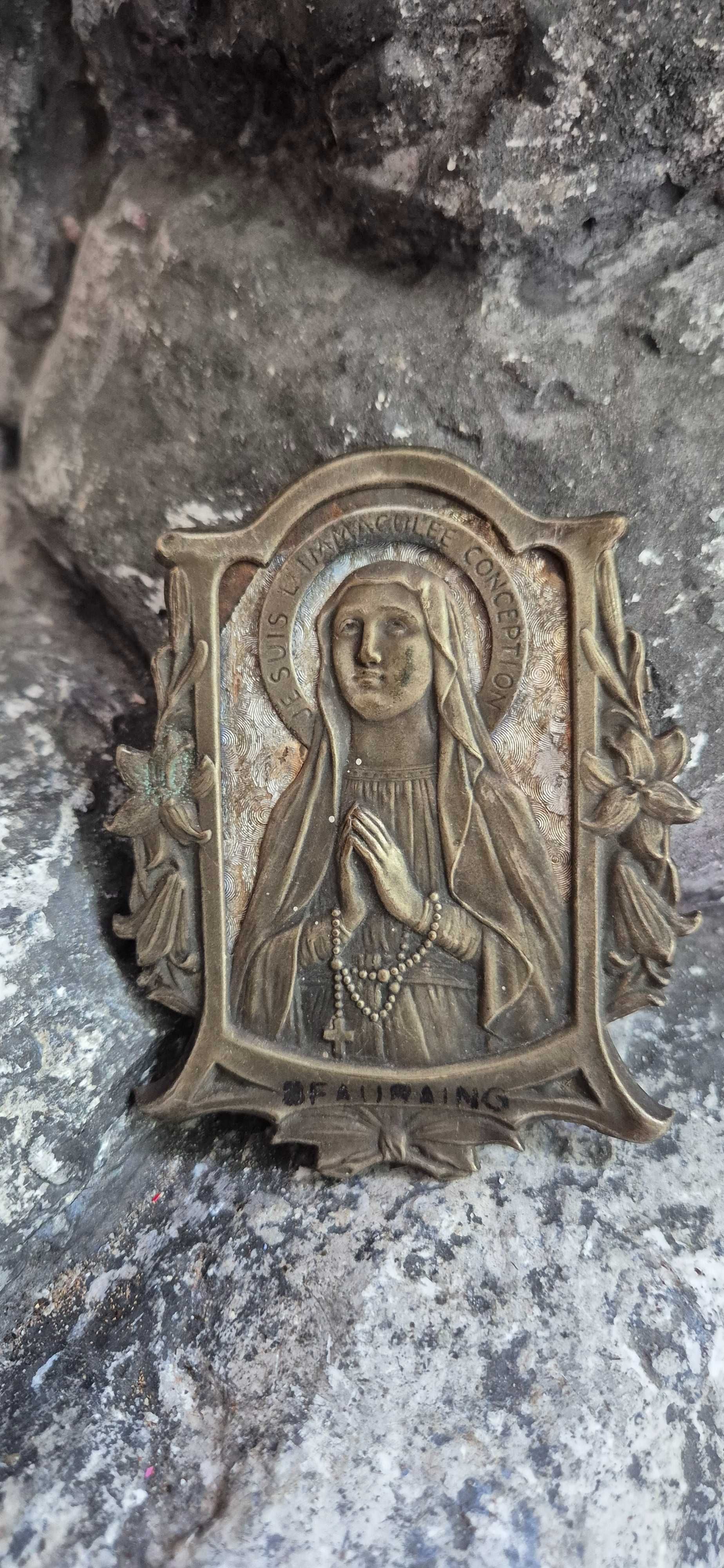 Relief płaskorzeźba Matka Boska z Lourdes antyk mosiądz