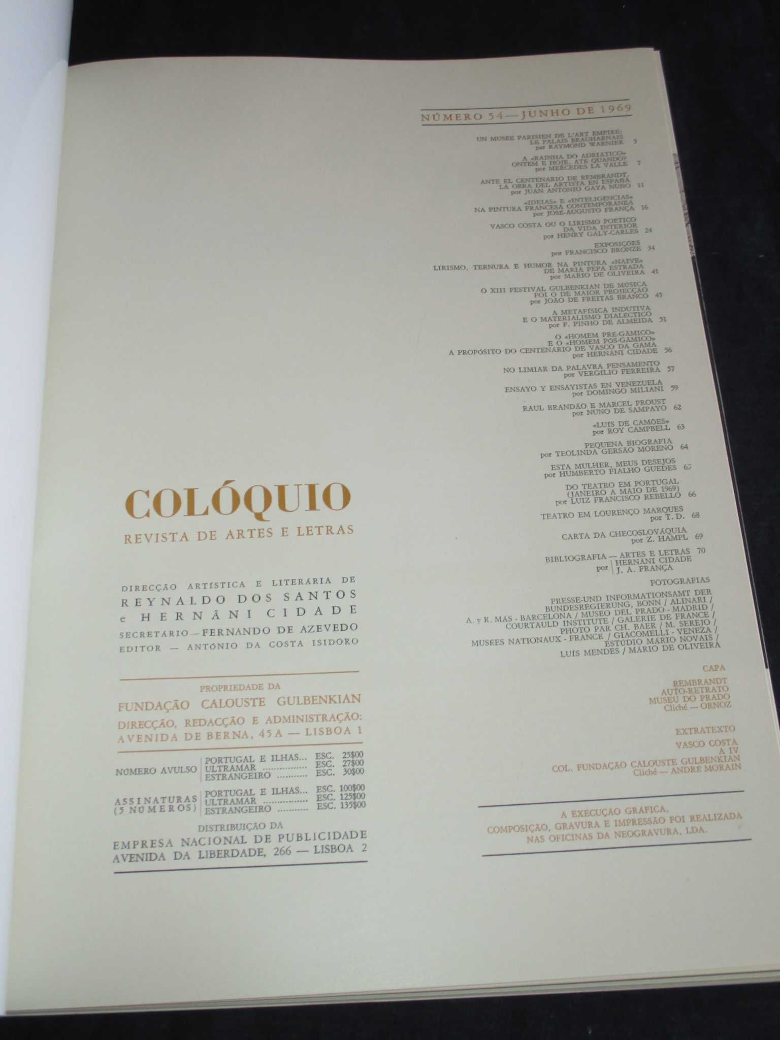 Livro Revista Colóquio Artes e Letras nº 54 Junho de 1969