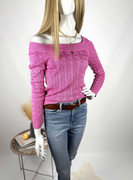 Różowy sweterek Ralph Lauren z długim rękawem XS 34 warkocz bawełna