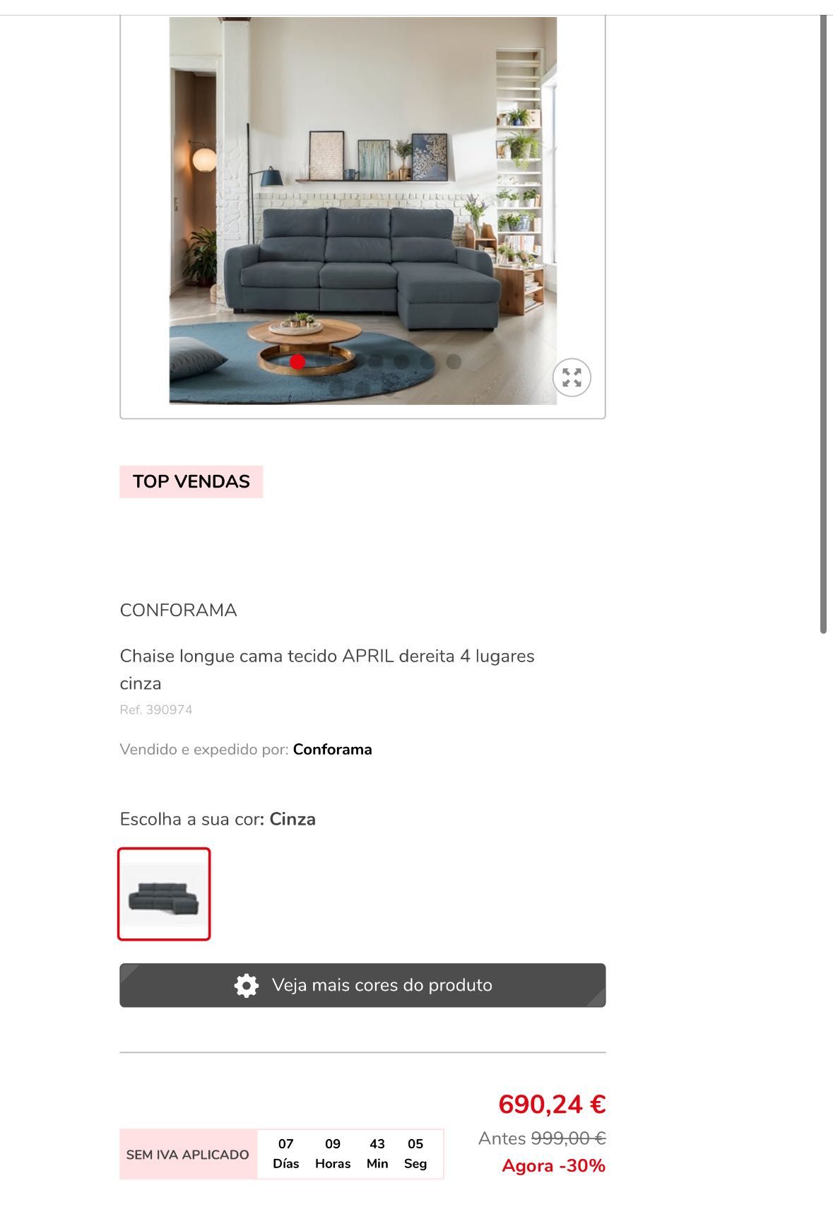 Vendo Sofá 4 lugares chaise long Canforama