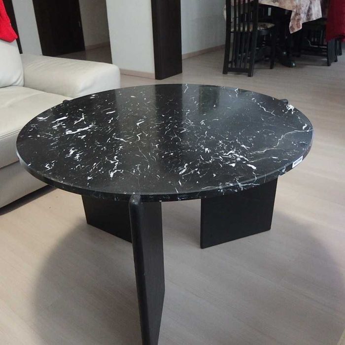 Stolik kawowy kamień naturalny i lity dąb -okrągły 80 cm ,czarny.