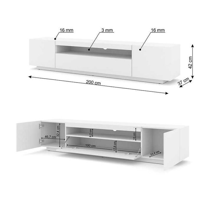 Szafka RTV AURA 200 cm uniwersalna stojąca / wisząca biały mat