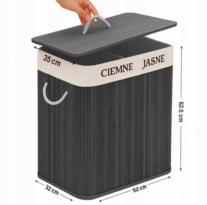 Kosz Bambusowy na pranie bieliznę Zamykany Dwukomorowy Pojemnik 100l