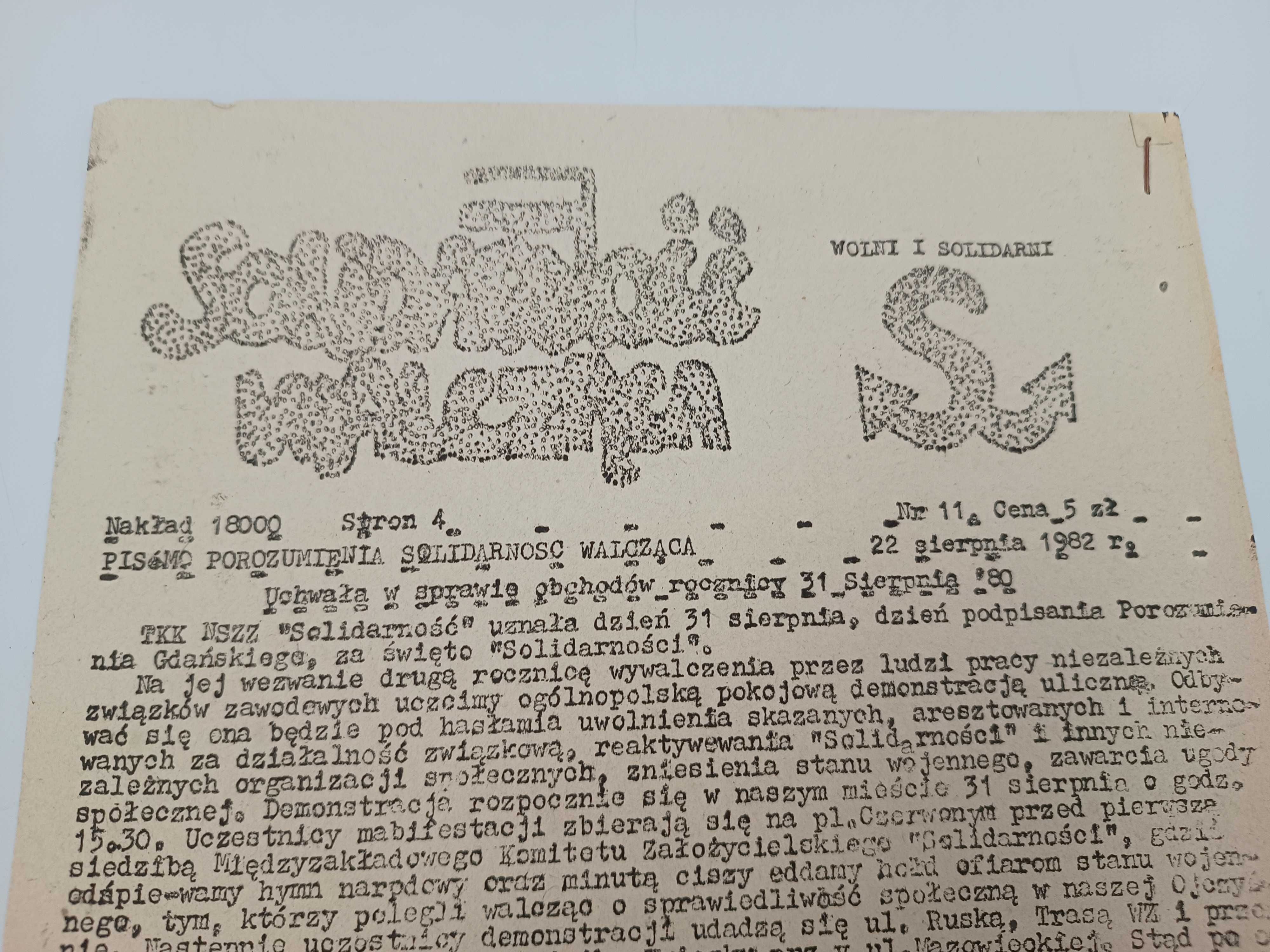 Pismo Solidarność Walcząca nr 11 sierpień 1982 rok Polska Podziemna