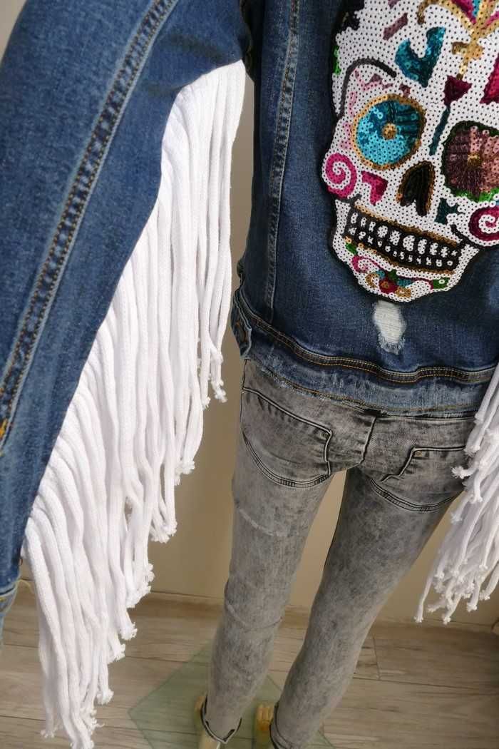 Zara Premium nowa jeansowa boho z frędzlami pompony  JEDYNA M-L