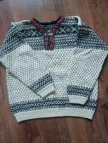 Wełniany sweter vintage zimowy norweski wzór XL ozdobny kołnierzyk