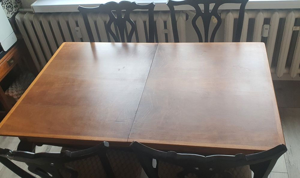 Komplet stół plus cztery krzesła chippendale czarny dębowy drewno