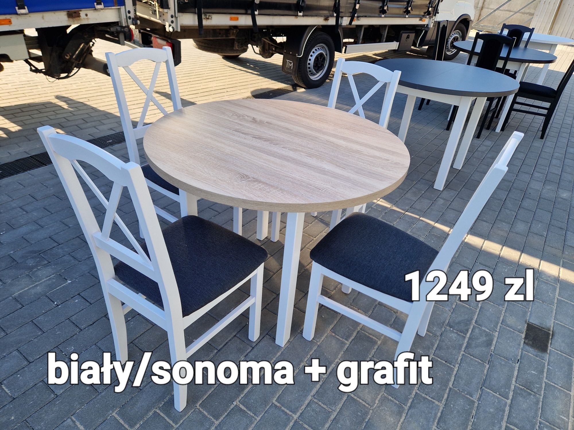 Nowe : Stół okrągły + 4 krzesła,  bialy/sonoma + grafit (krzyż)