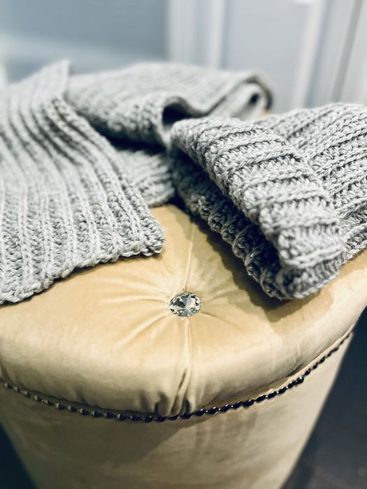 Komplet czapka beanie szalik 100% wełna szary gruby splot warkocz