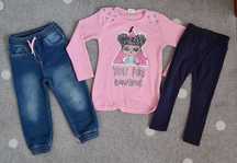 Zestaw sweterek cekiny spodnie joggery legginsy 98